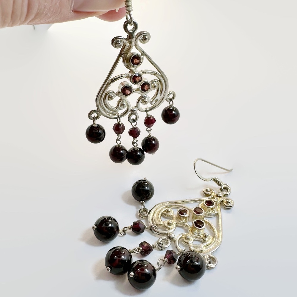 Vintage Garnet Earrings: Sterling Silver Bohemian Long Statement